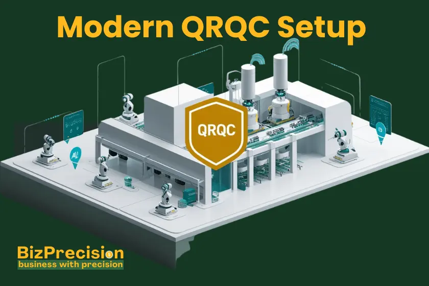 Quick Response Quality Control (QRQC): Enhancing Efficiency and Accuracy in Manufacturing 5 A modern QRQC setup featuring an AI-driven automated factory with robotic arms and real-time data monitoring.