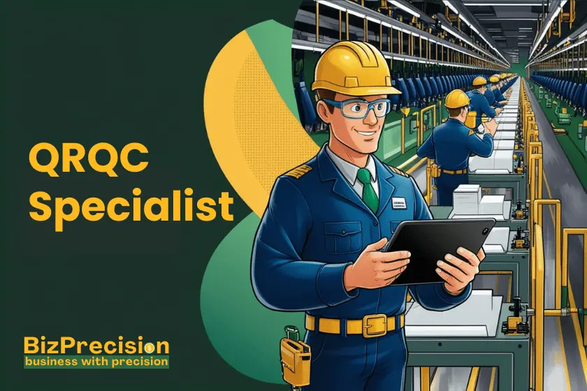 Quick Response Quality Control (QRQC): Enhancing Efficiency and Accuracy in Manufacturing 2 QRQC Specialist overseeing a production line with a digital tablet, ensuring quality control in manufacturing.