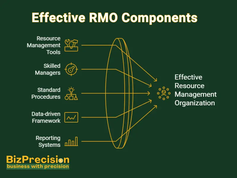 Effective RMO components: tools, skilled managers, procedures, frameworks, and reporting systems.