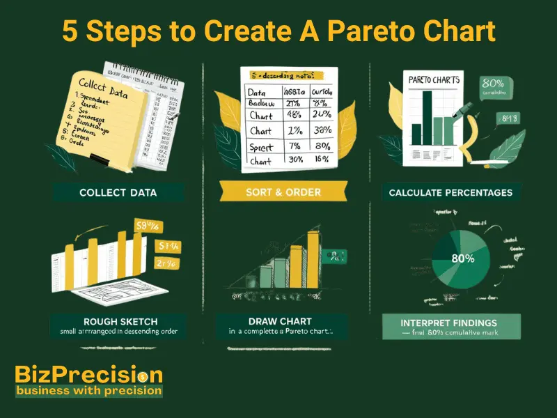 Pareto Charts for Quality Management: A Comprehensive Guide 2 Infographic displaying five steps to create a Pareto chart for quality management.