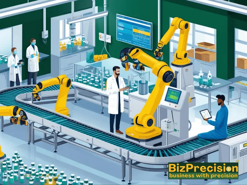 Automated pharmaceutical manufacturing facility with robotic arms and lab technicians ensuring production efficiency.