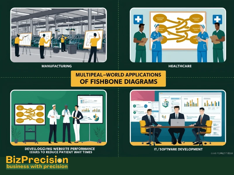 Real-world applications of fishbone diagrams for root cause analysis in manufacturing, healthcare, IT, and business performance improvement.