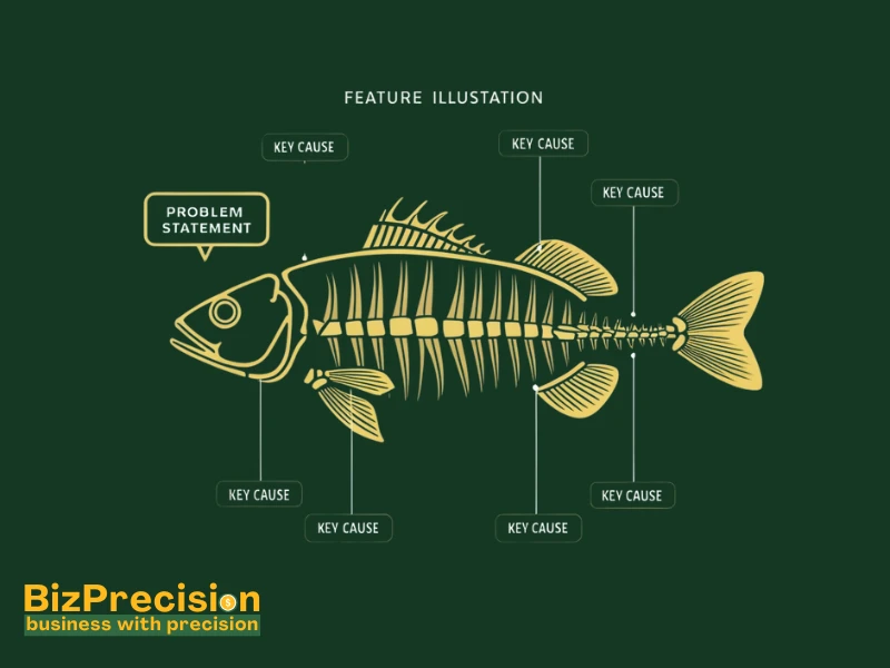 Fishbone diagram illustrating key causes contributing to a problem statement in root cause analysis.