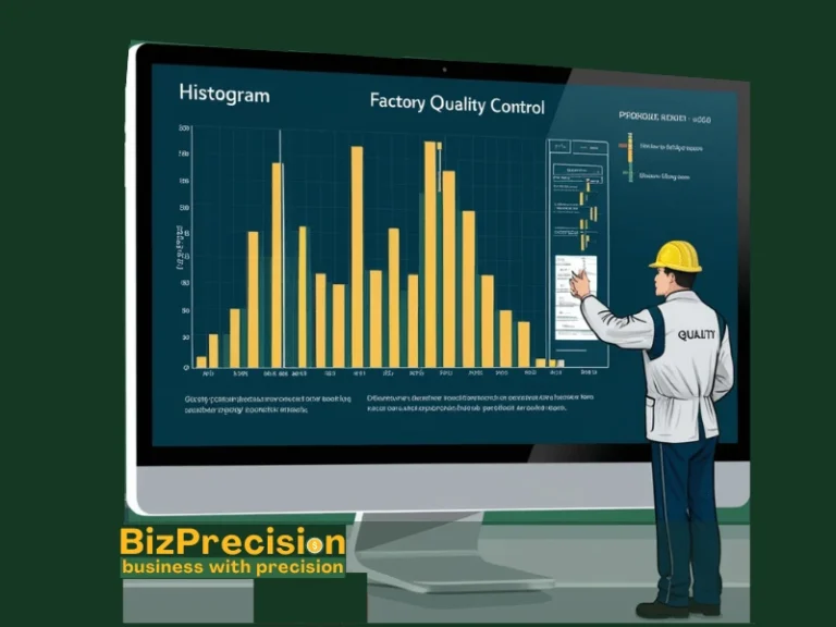 Industrial worker reviewing a histogram-based factory quality control report on a computer screen.