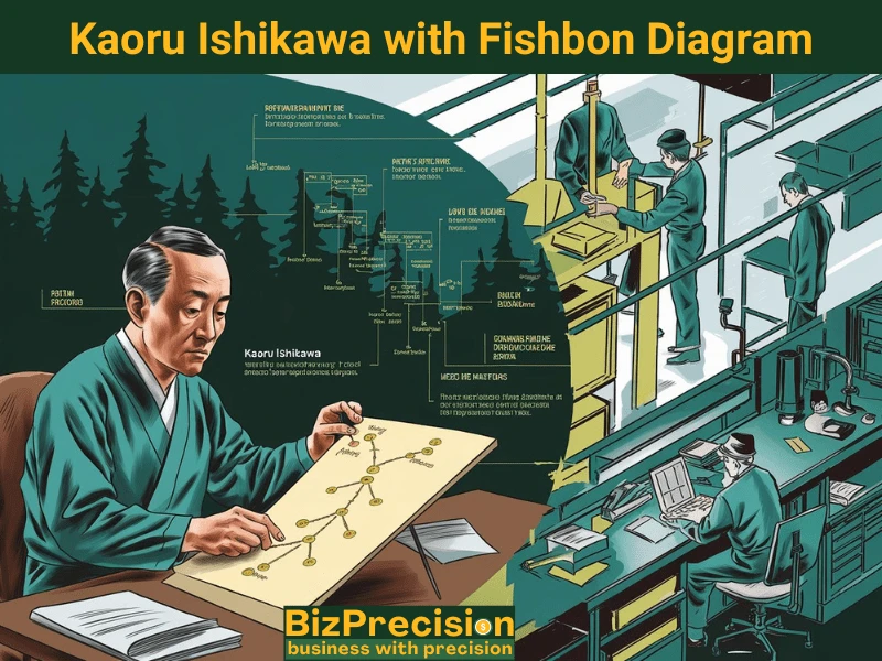 Kaoru Ishikawa analyzing a fishbone diagram for root cause analysis in quality control and manufacturing.