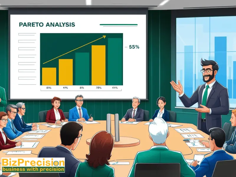 Business professional presenting a Pareto analysis chart in a corporate boardroom for quality management
