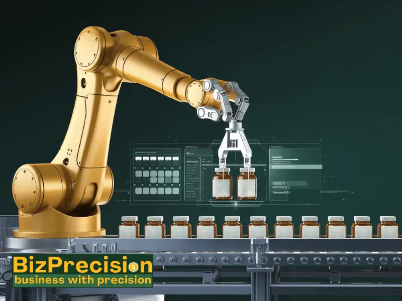 Automated robotic arm managing pharmaceutical bottle production on an assembly line with digital interface.