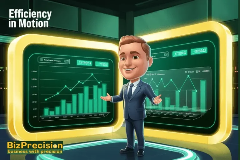 Businessman presenting production management analytics on futuristic screens with growth charts, emphasizing efficiency and precision.